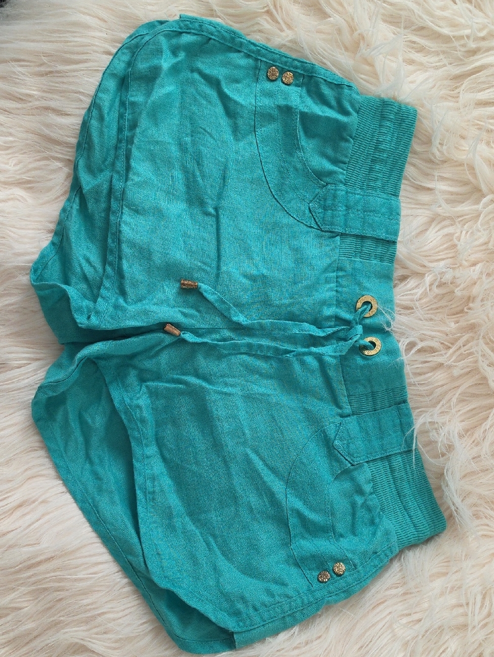 Love Tree Teal Athletic Drawstring Shorts with Gold Trim